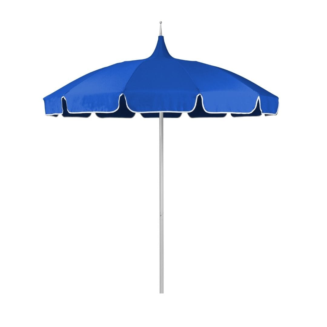 California Umbrellas Pacific Blue 8.5' Classic Pagoda Series Sunbrella Fabric Patio Umbrella with White Aluminum Pole and Push Lift CAL-SMPT852174CLAS-5401