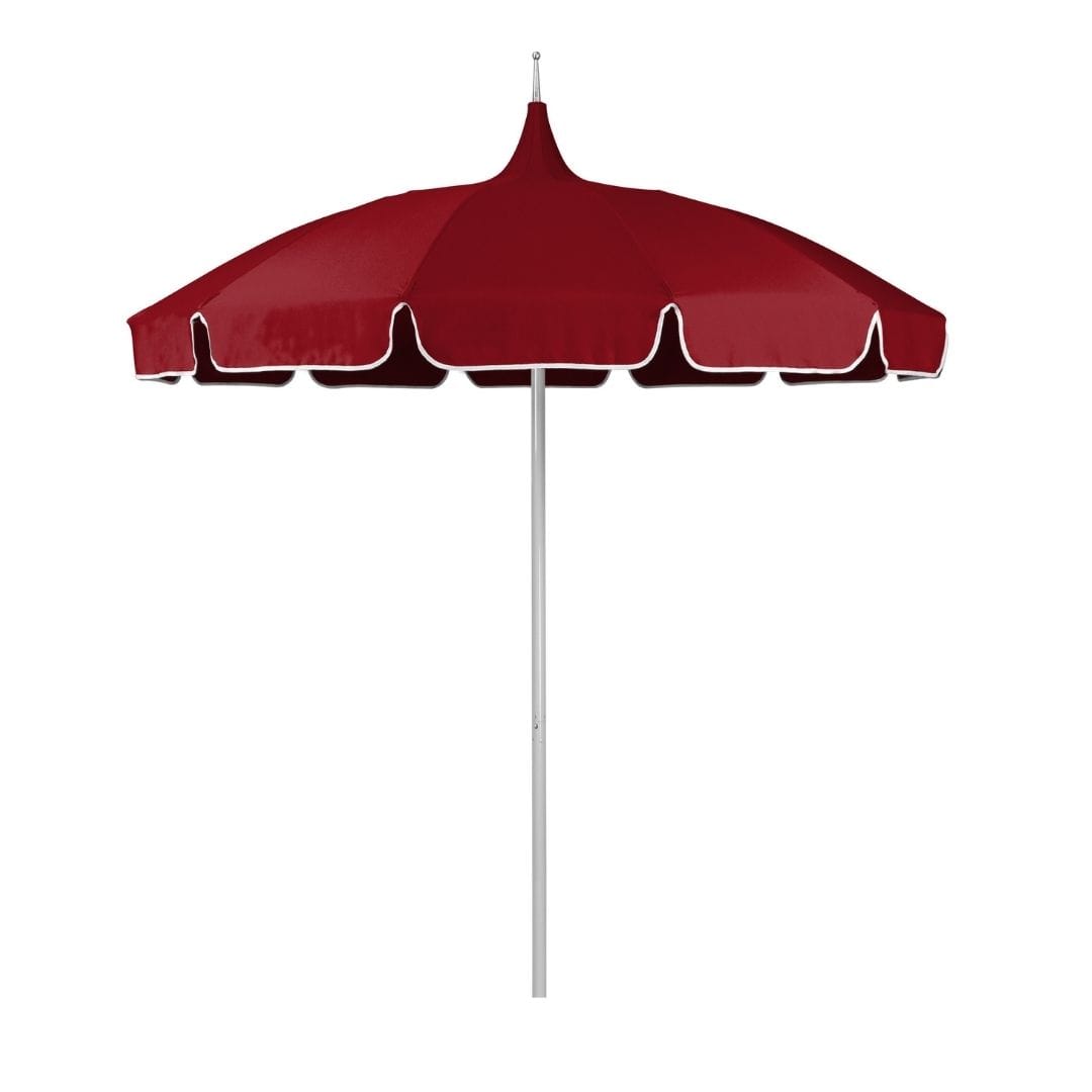 California Umbrellas Jockey Red 8.5' Classic Pagoda Series Sunbrella Fabric Patio Umbrella with White Aluminum Pole and Push Lift CAL-SMPT852174CLAS-5403