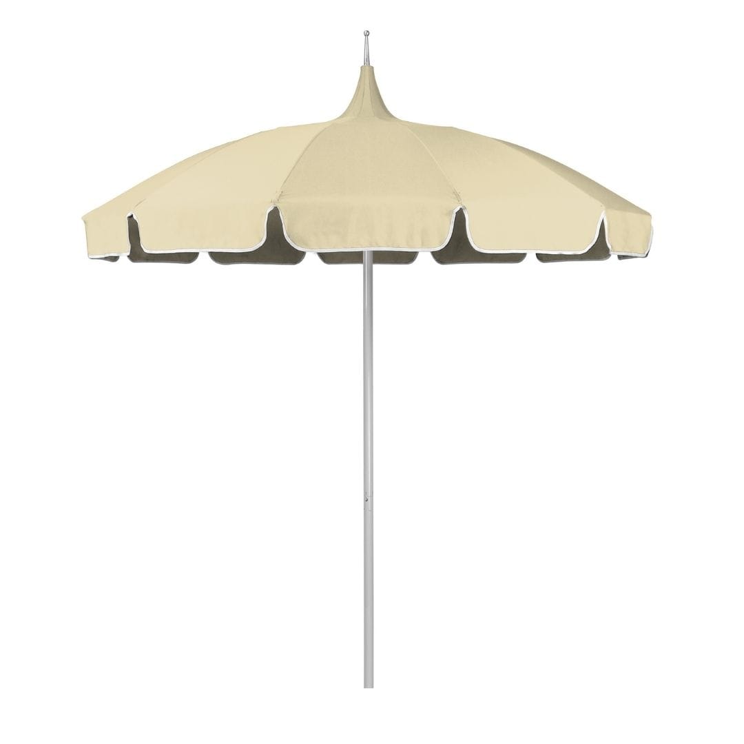 California Umbrellas Antique Beige 8.5' Classic Pagoda Series Sunbrella Fabric Patio Umbrella with White Aluminum Pole and Push Lift CAL-SMPT852174CLAS-5422
