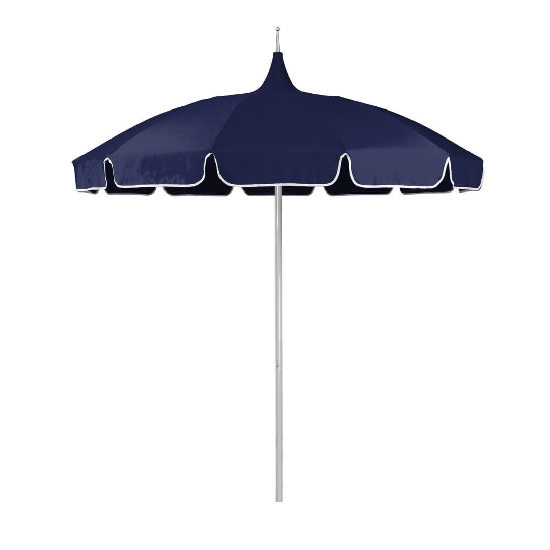 California Umbrellas Navy Blue 8.5' Classic Pagoda Series Sunbrella Fabric Patio Umbrella with White Aluminum Pole and Push Lift CAL-SMPT852174CLAS-5439