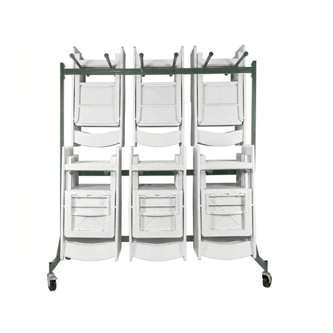 Chivari 120 White Poly Folding Chairs + Hanging Cart Combo PACK120CFPW-CX-T-CART101-AX-T
