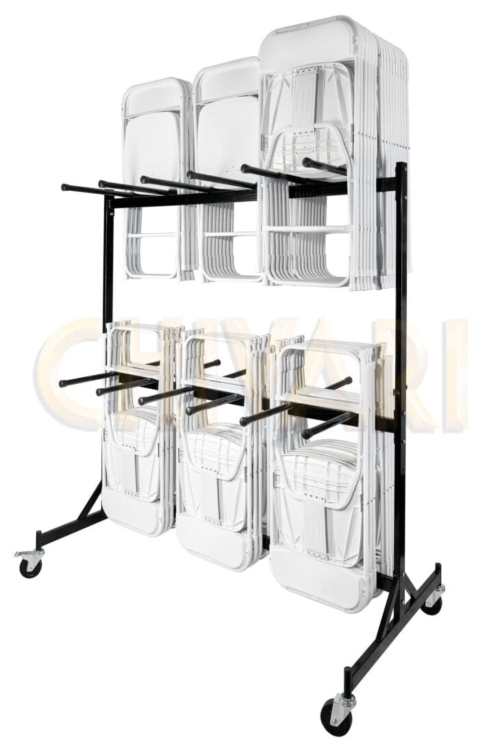 Chivari 48 White Metal Folding Chairs + 6 Heavy Duty Plastic 72x30 Banquet Tables + Hybrid Folding Chair and Banquet Table Cart CFMW-48-6RT-KT