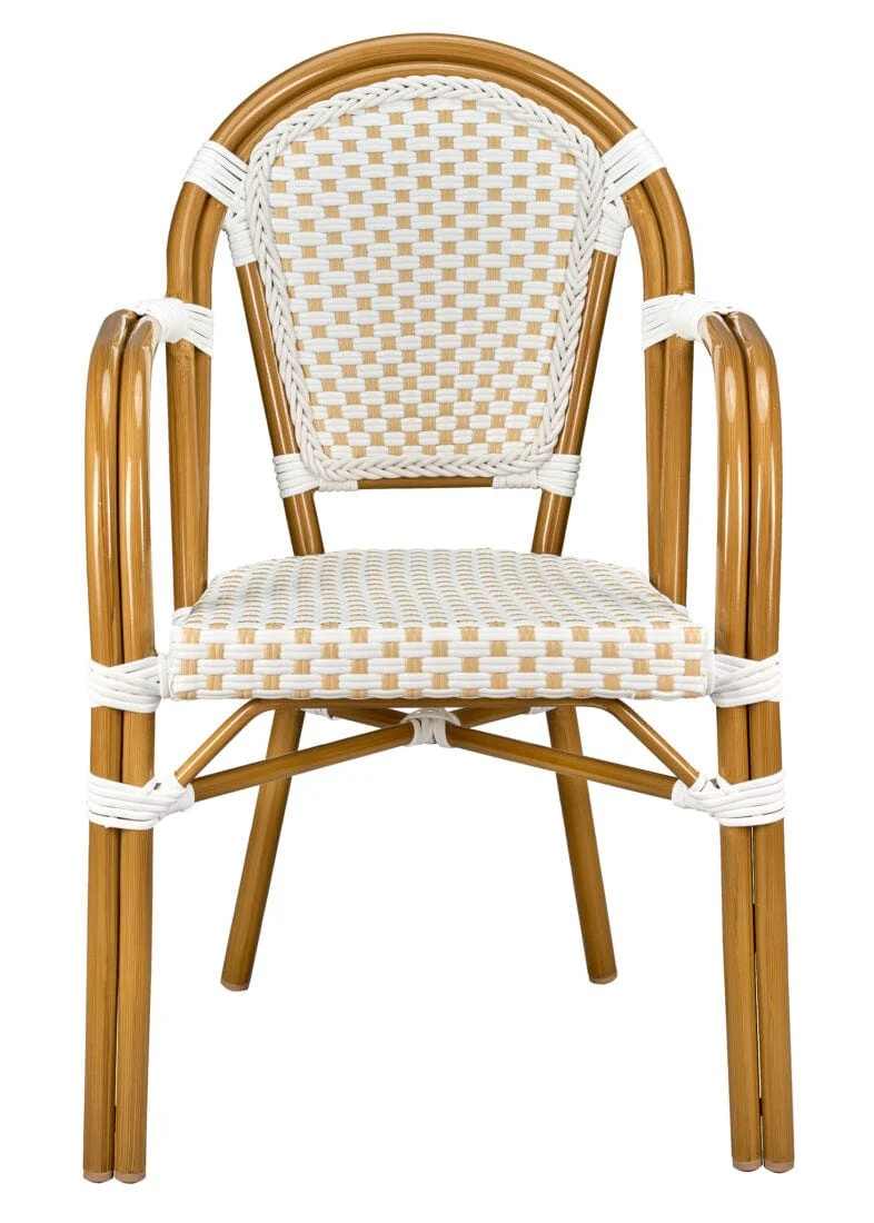 White and Beige French Bistro Patio Dining Chair with Arms