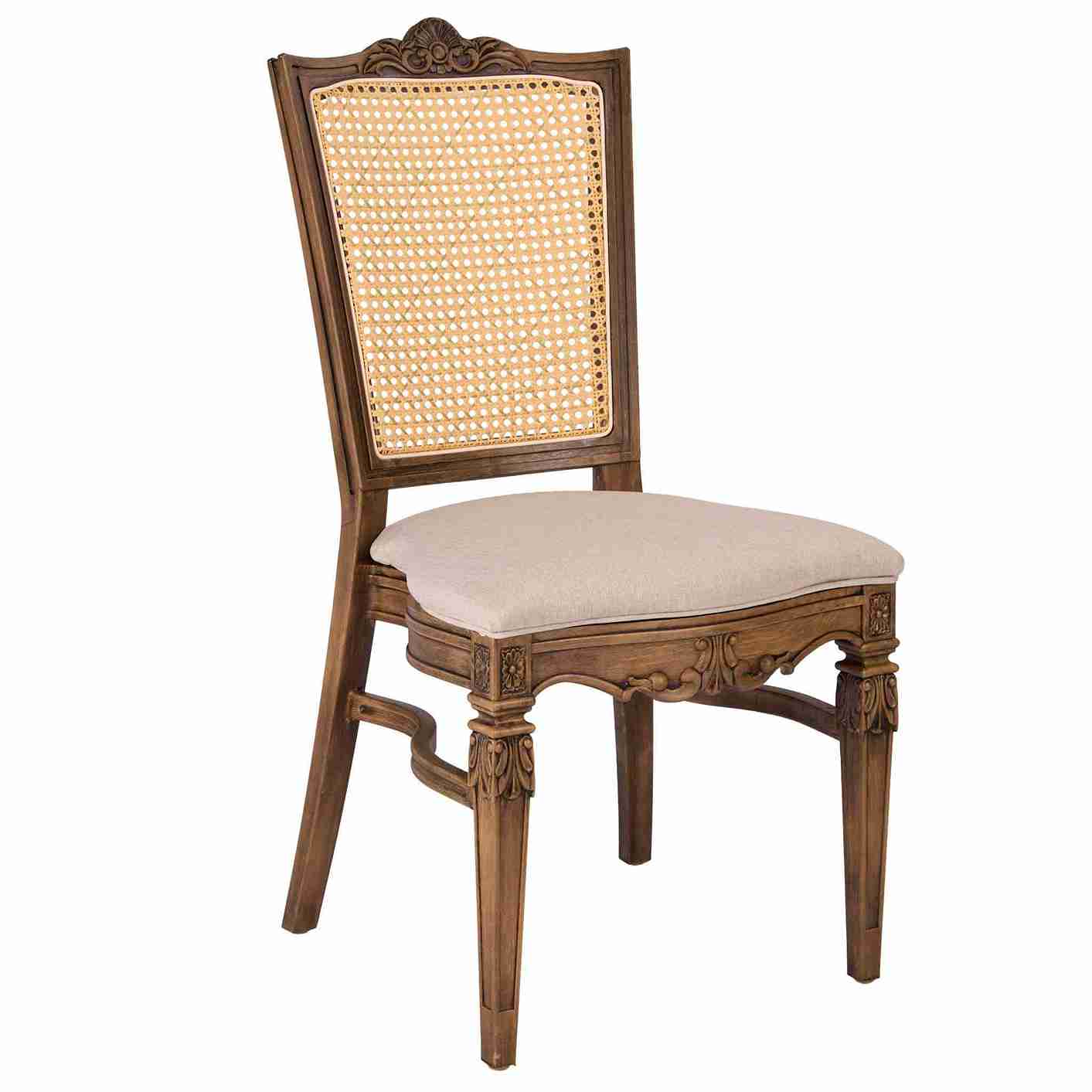 Chivari Rustic Fruitwood Emily Resin Chair with Beige Linen Seat Pad and Rattan Back CERRFR-ZG-T
