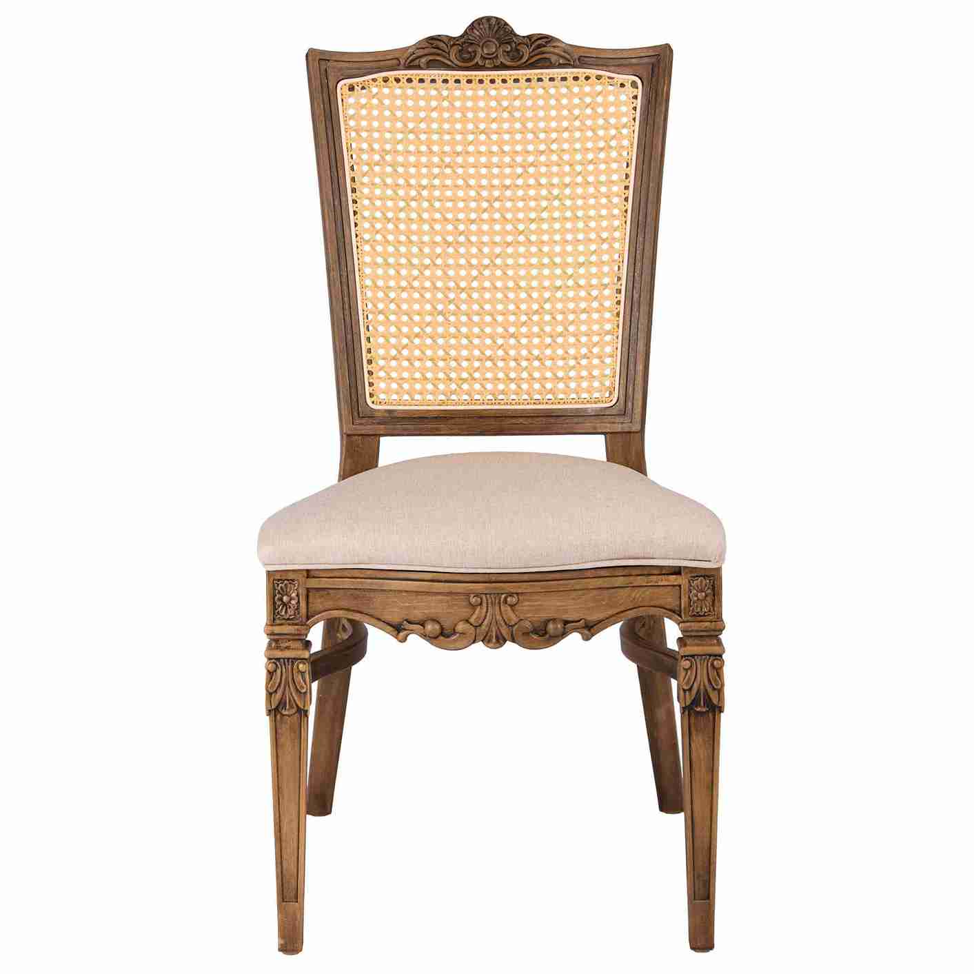 Chivari Rustic Fruitwood Emily Resin Chair with Beige Linen Seat Pad and Rattan Back CERRFR-ZG-T