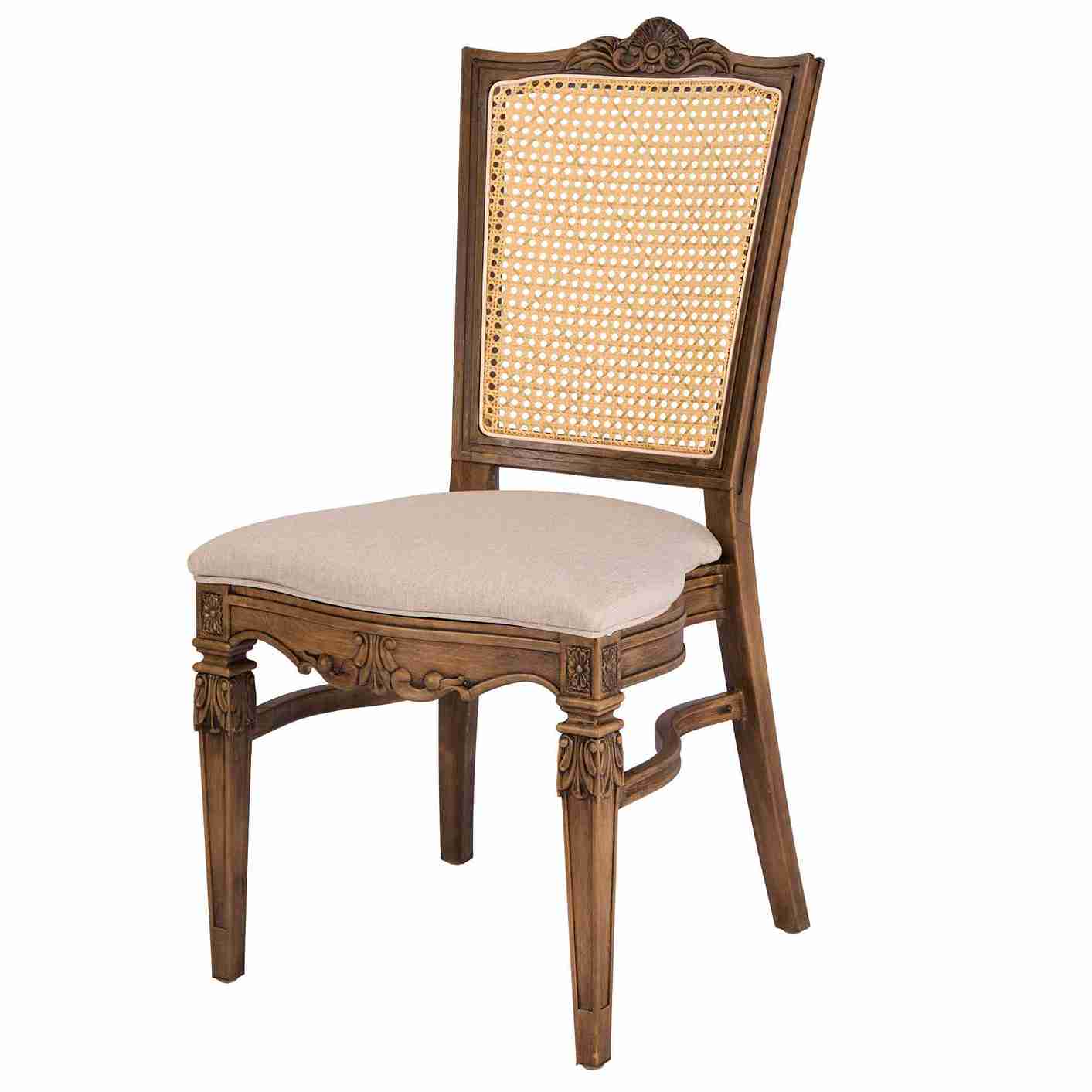 Chivari Rustic Fruitwood Emily Resin Chair with Beige Linen Seat Pad and Rattan Back CERRFR-ZG-T