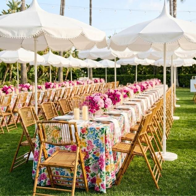 California Umbrellas White 8.5' Pagoda Series Sunbrella Fabric Patio Umbrella with White Aluminum Pole and Pom Poms CAL-SMPT852174BOW-5404-POM