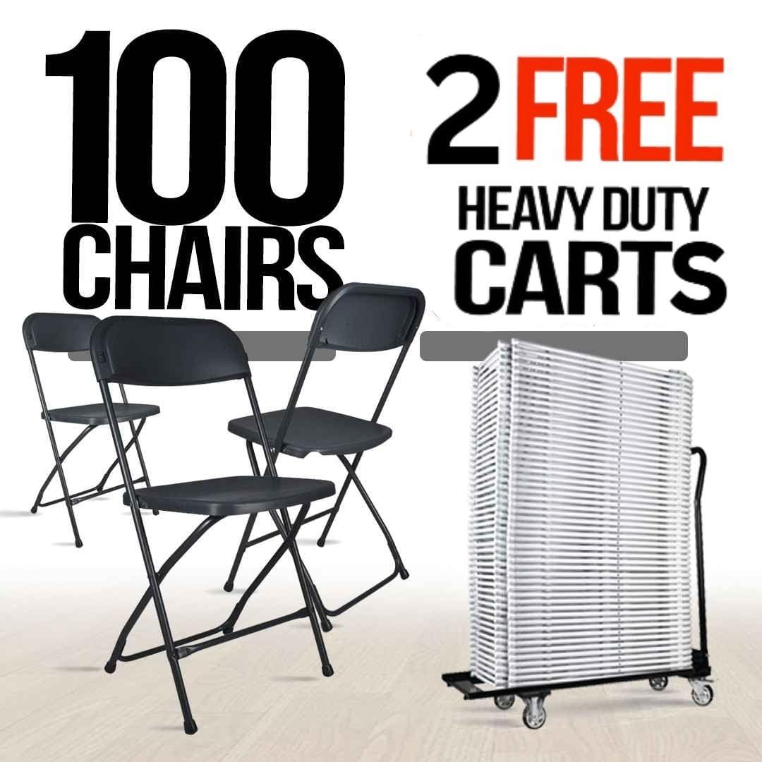 Chivari 100 Black Plastic Folding Chair Bundle with 2 Heavy Duty Carts and Safety Straps CFPB-100GCRTS-KT