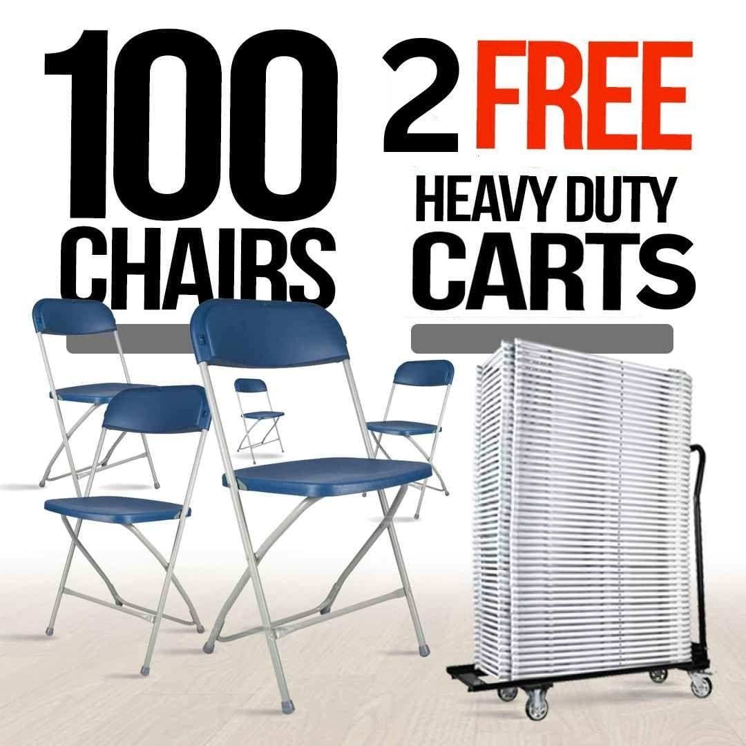 Chivari 100 Blue Plastic Folding Chair Bundle with 2 Heavy Duty Carts and Safety Straps CFPBLU-100GCRTS-KT