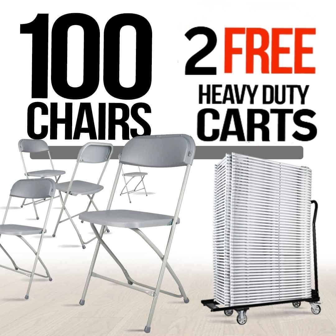 Chivari 100 Gray Plastic Folding Chair Bundle with 2 Heavy Duty Carts and Safety Straps CFPG-100GCRTS-KT