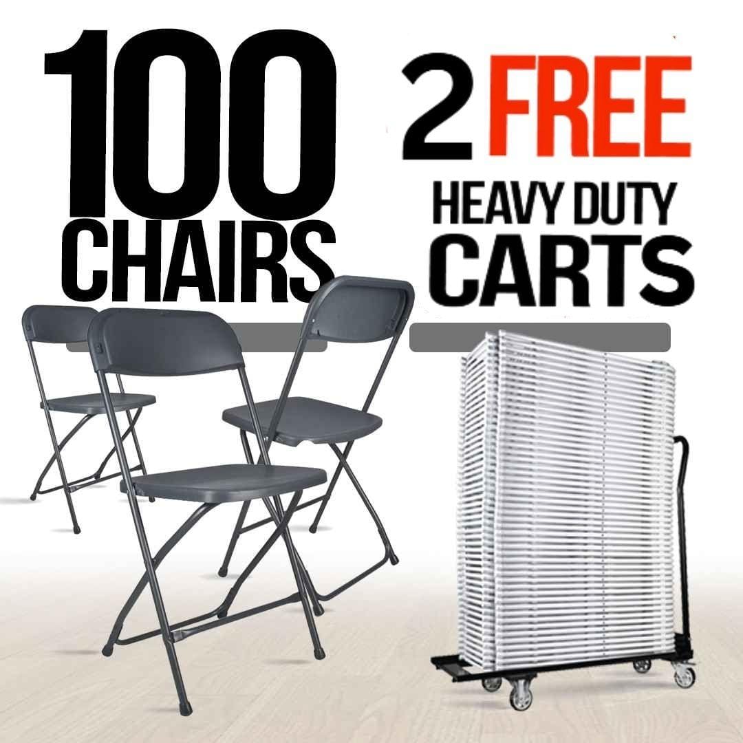 Chivari 100 Dark Gray Plastic Folding Chair Bundle with 2 Heavy Duty Carts and Safety Straps CFPGD-100GCRTS-KT