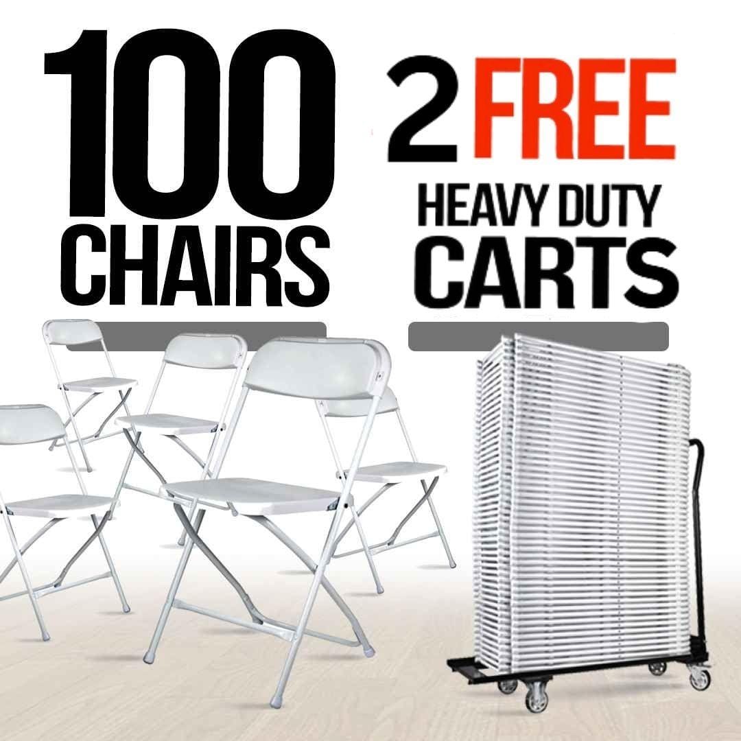 Chivari 100 White Plastic Folding Chair Bundle with 2 Heavy Duty Carts and Safety Straps CFPW-100GCRTS-KT