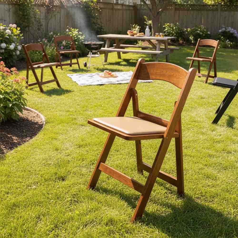 Chivari Chestnut Resin WoodGrain™ Folding Chair with Tan Cushion CFRCB-I-AX-T