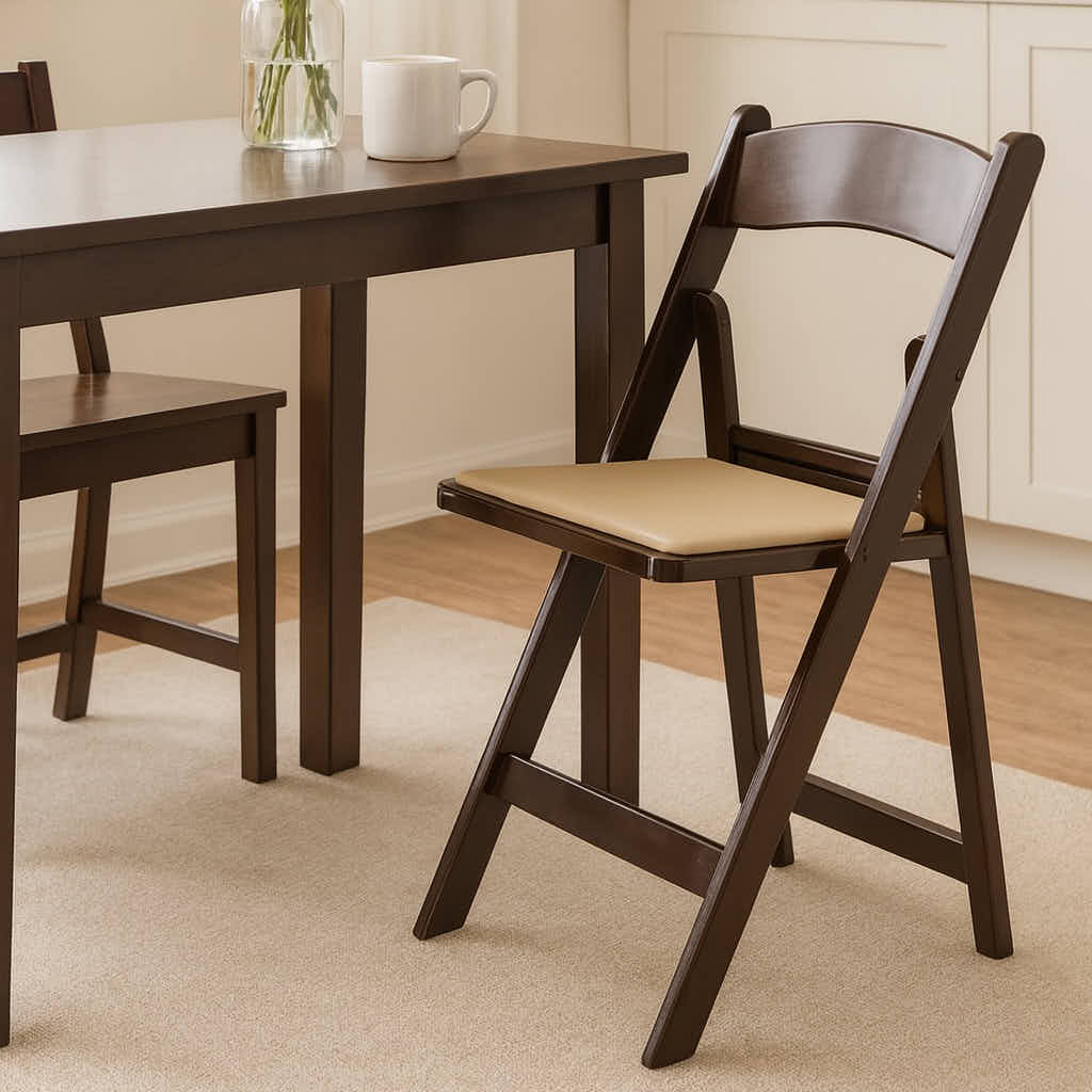 Chivari Fruitwood ToughResin™ Folding Chair with Tan Cushion CFRF-TAN-AX-T