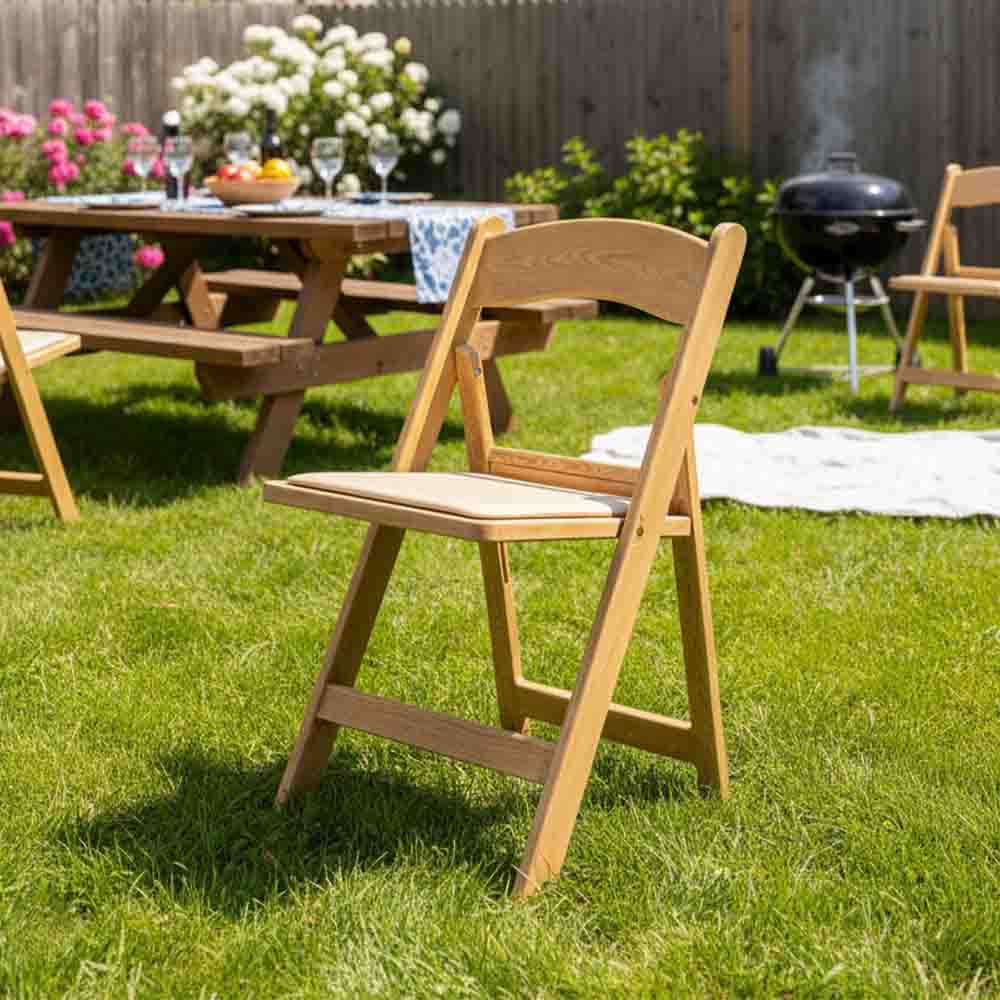 Natural Resin WoodGrain™ Folding Chair with Tan Cushion