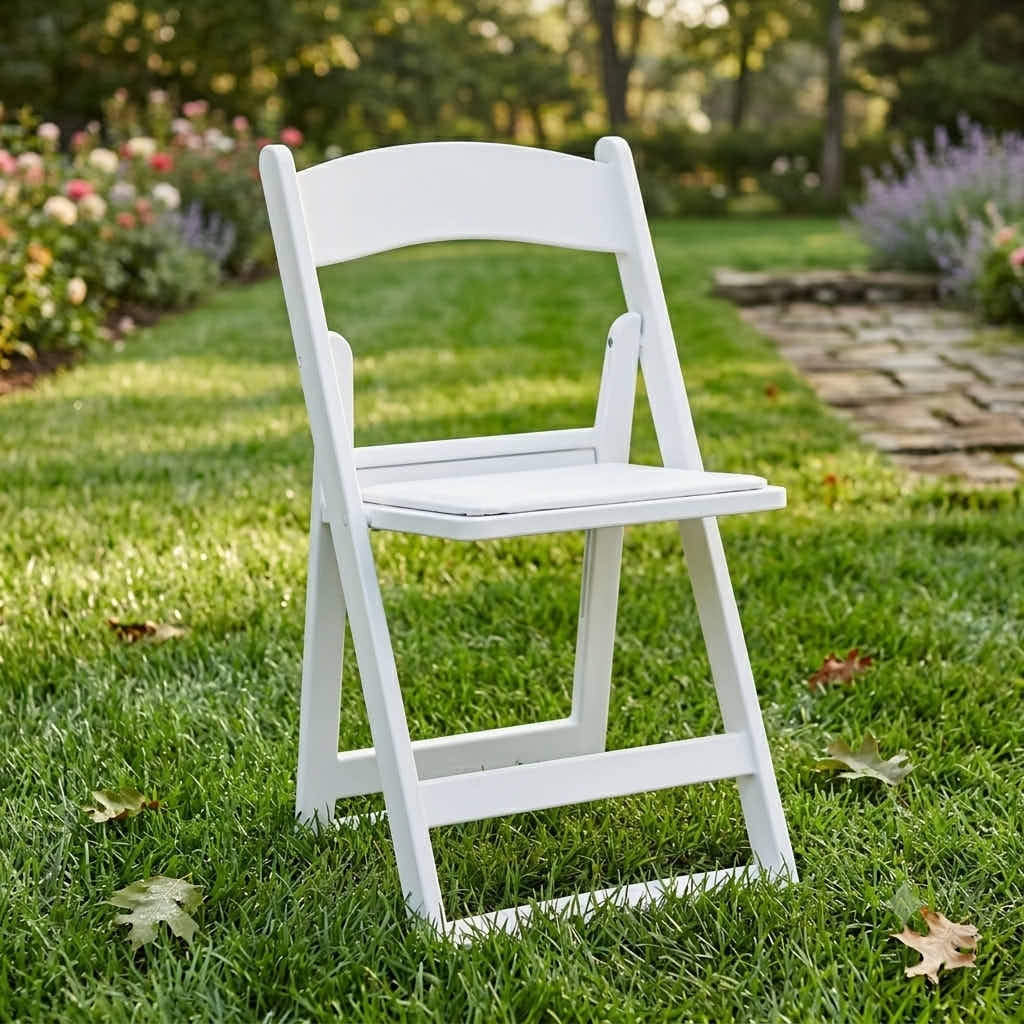ChairMates White Grass and Sand Series Resin Folding Chair with White Vinyl Cushion and Stainless Steel Hardware CFRWGS-AX-T