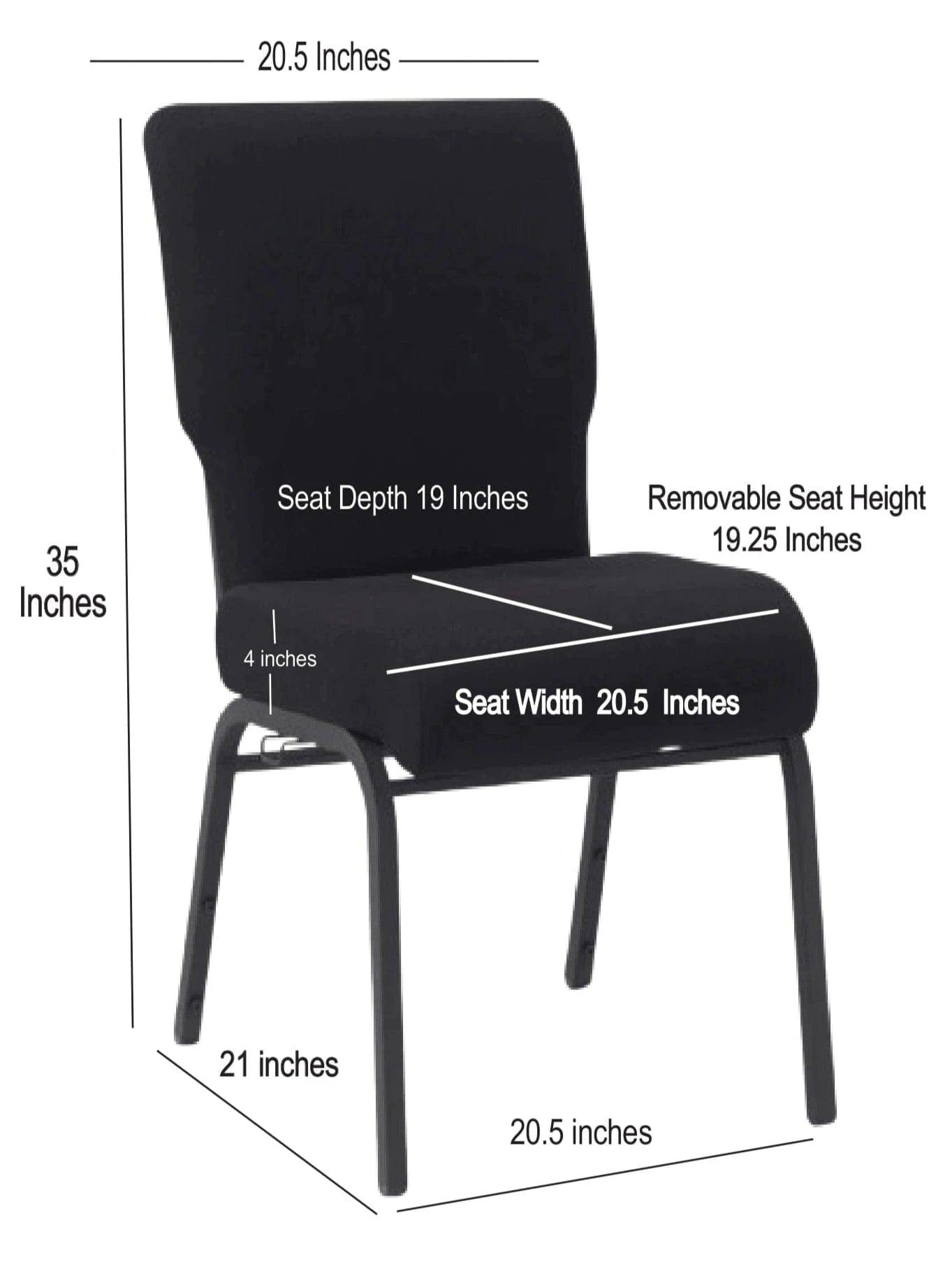 Chivari Black Fabric Church Chair with Full Back 20.5" Wide Black Steel Frame CH20FBB-ZF-T