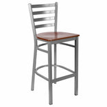Ladder Back Bar Stool with Silver Frame and Cherry Wood Seat