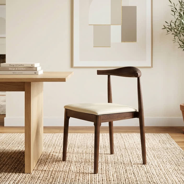 Chivari Walnut Finish Wood Horn Chair with Ivory Vinyl Cushion CHWWL-SHVIV-KT