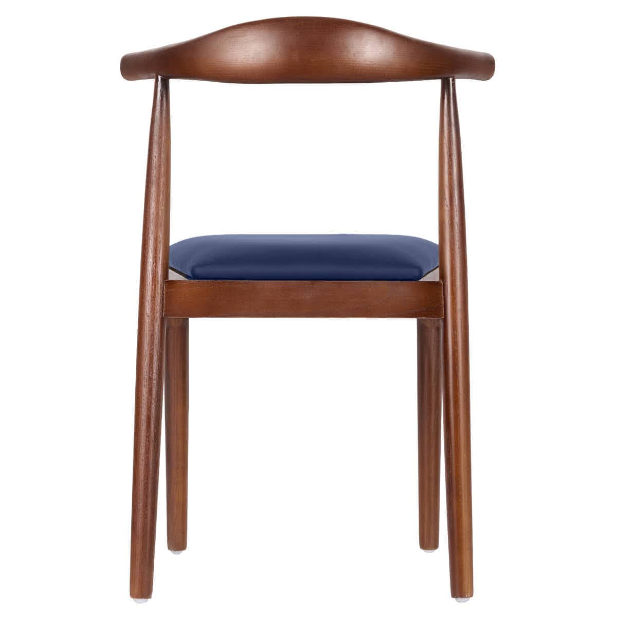 Walnut Finish Wood Horn Chair with Navy Blue Vinyl Cushion