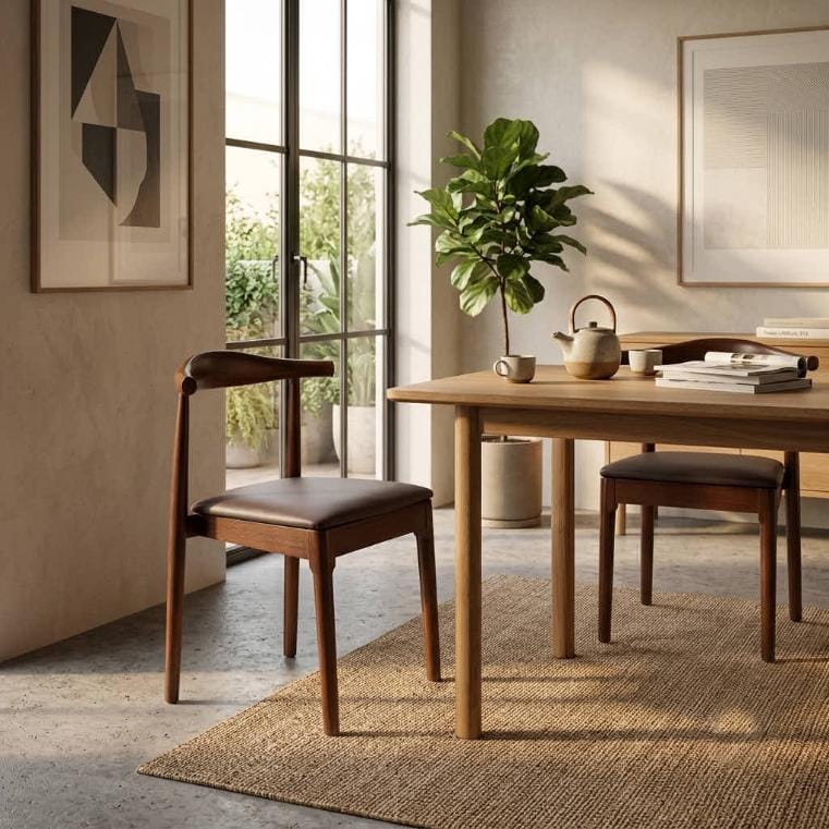 Walnut Finish Wood Horn Chair with Taupe Vinyl Cushion
