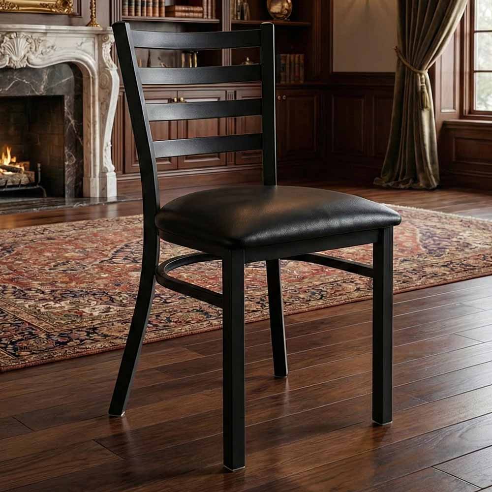 Chivari Ladder Back Restaurant Chair with Black Metal Frame and Black Vinyl Seat CLMBVB-ZF-KT
