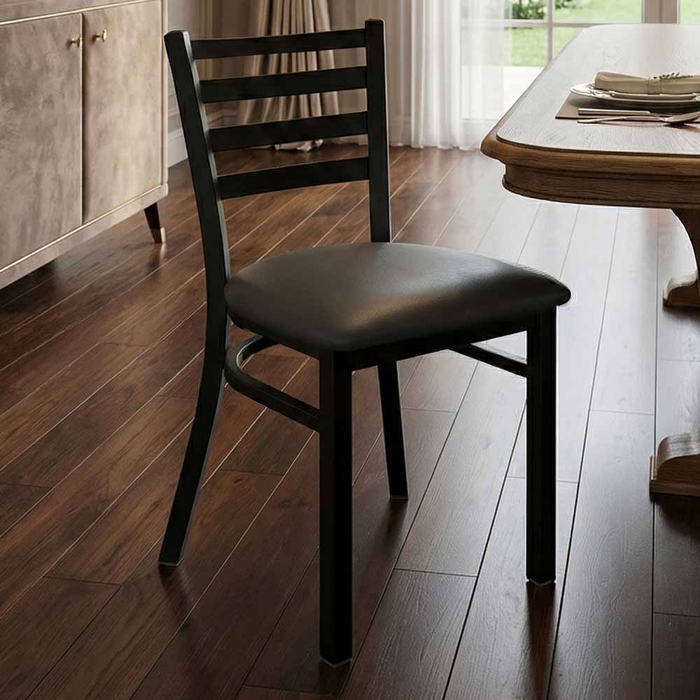 Ladder Back Restaurant Chair with Black Metal Frame and Dark Gray Vinyl Seat