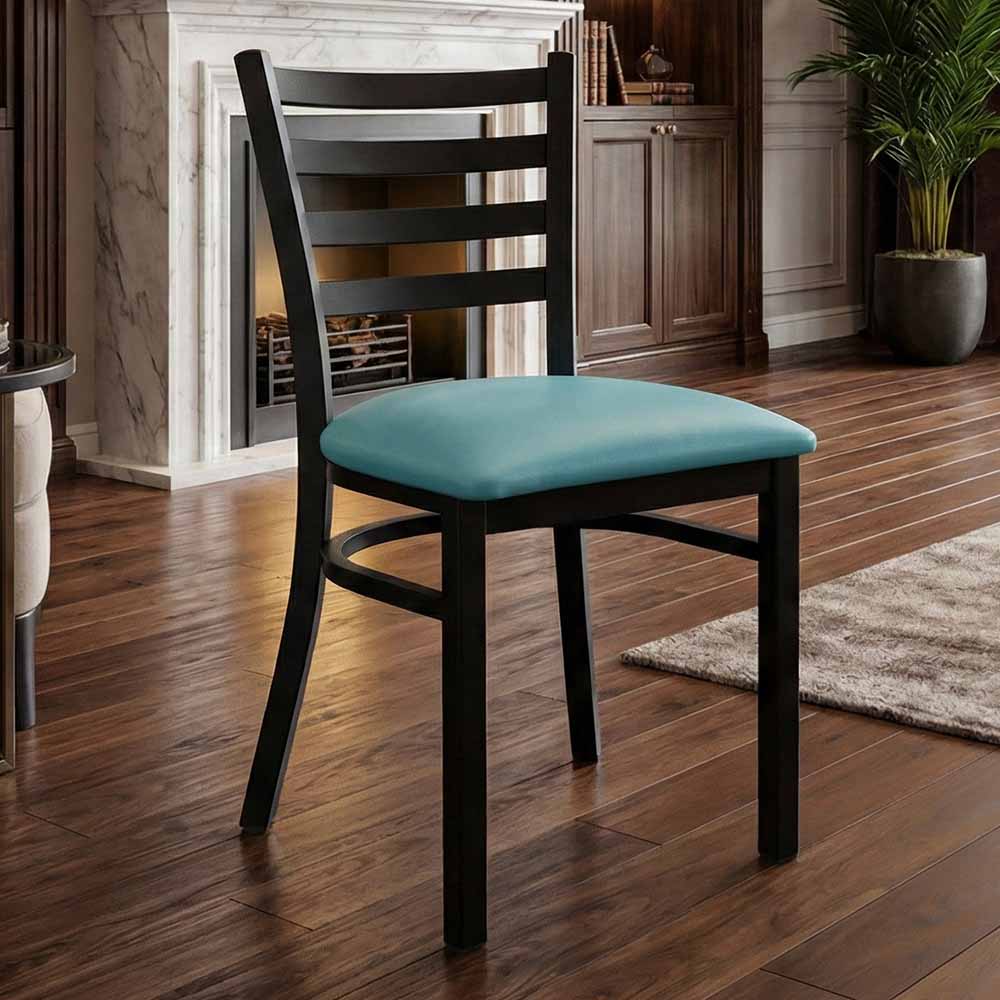 Ladder Back Restaurant Chair with Black Metal Frame and Light Blue Vinyl Seat