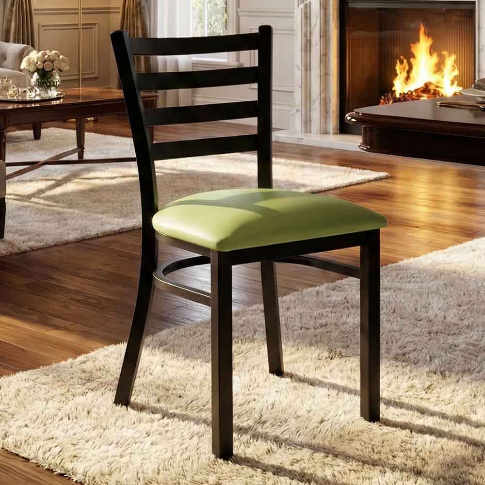 Ladder Back Restaurant Chair with Black Metal Frame and Light Green Vinyl Seat