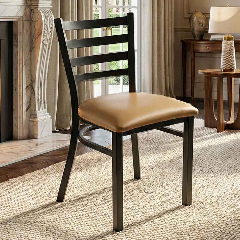 Ladder Back Restaurant Chair with Black Metal Frame and Tan Vinyl Seat