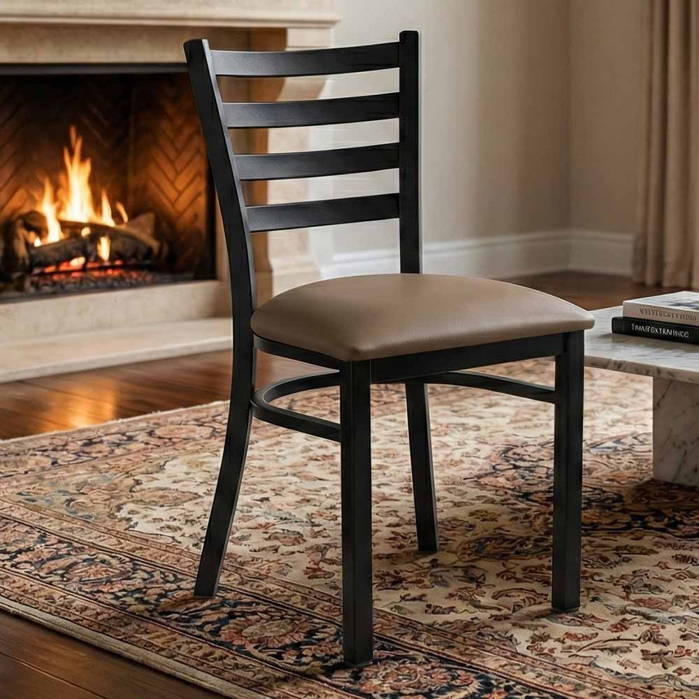 Ladder Back Restaurant Chair with Black Metal Frame and Taupe Vinyl Seat