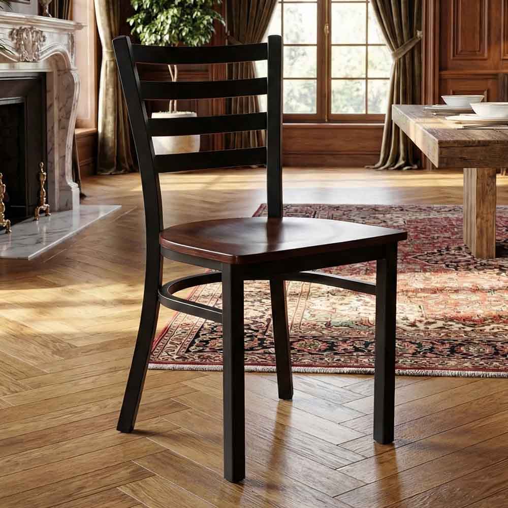 Chivari Ladder Back Restaurant Chair with Black Frame and Dark Wood Seat CLMBWDW-ZF-KT