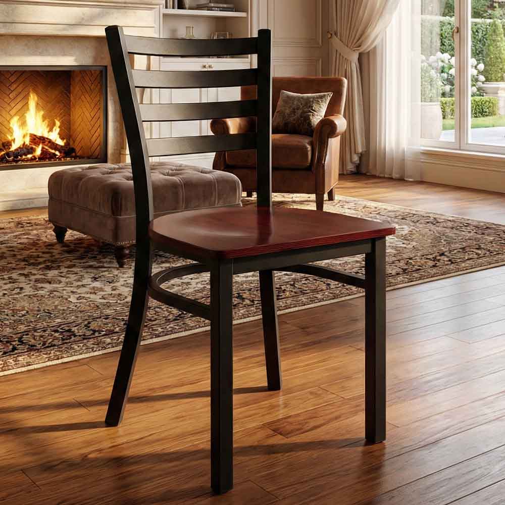Chivari Ladder Back Restaurant Chair with Black Frame and Mahogany Wood Seat CLMBWMW-ZF-KT