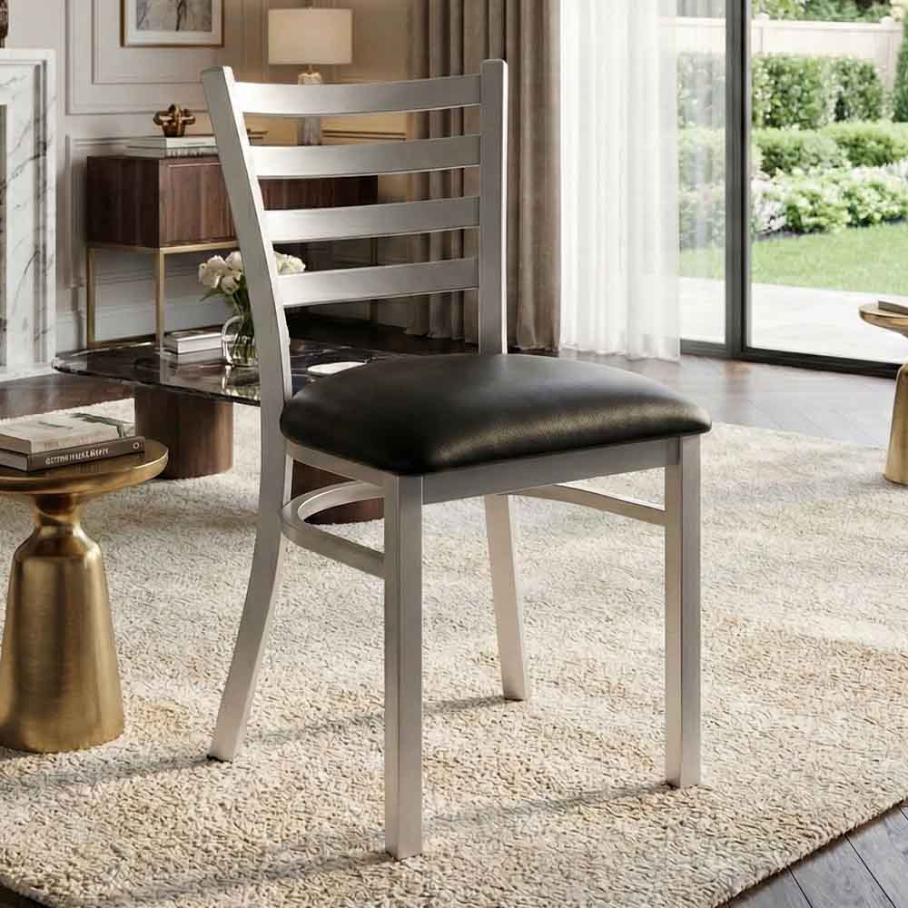 Ladder Back Restaurant Chair with Silver Frame and Black Vinyl Seat