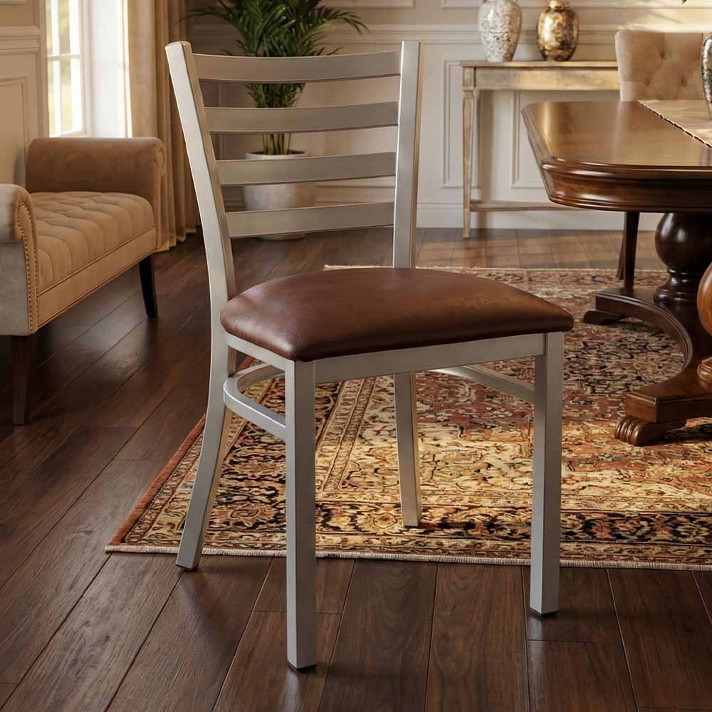 Ladder Back Restaurant Chair with Silver Frame and Brown Vinyl Seat