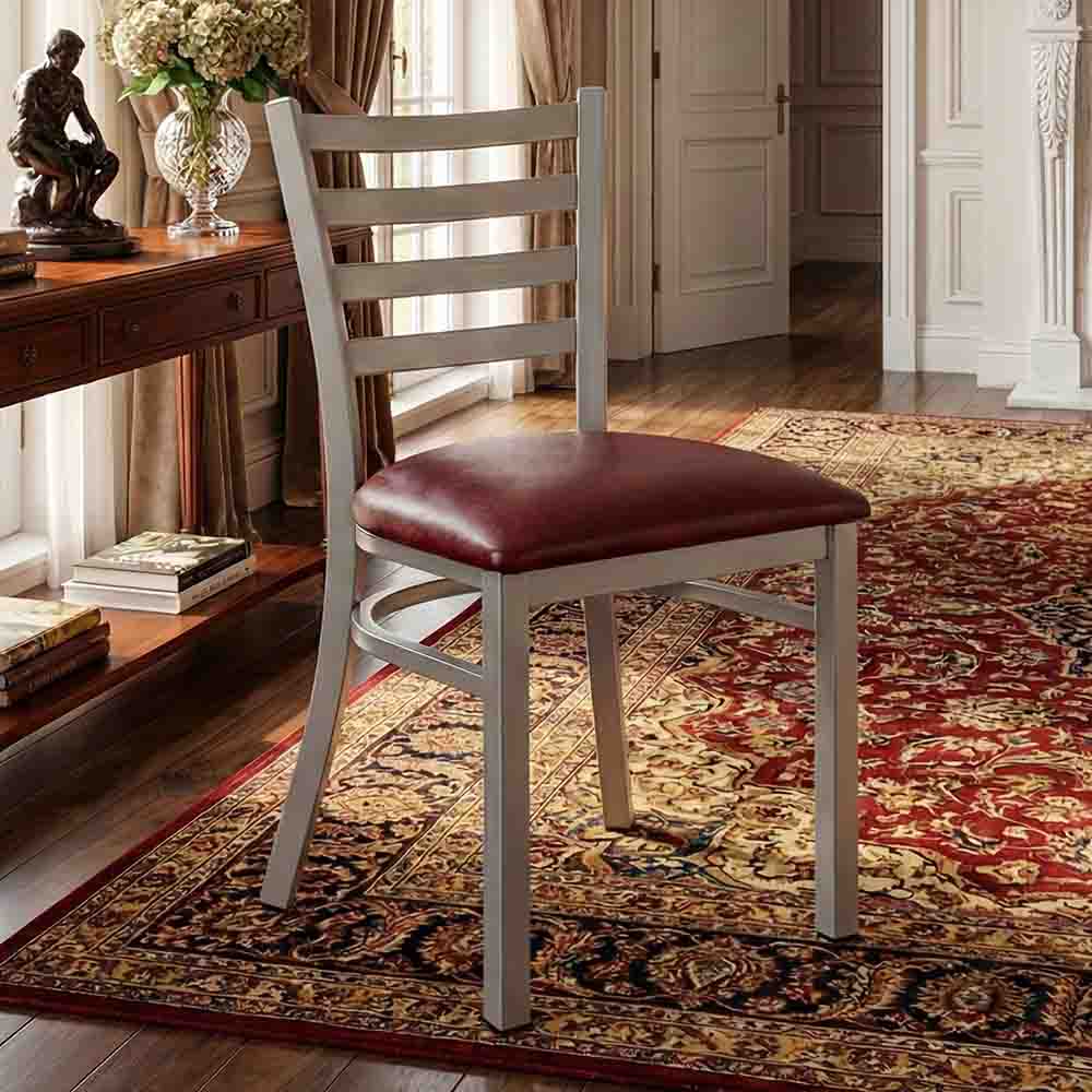 Chivari Ladder Back Restaurant Chair with Silver Frame and Burgundy Vinyl Seat CLMSVBU-ZF-KT
