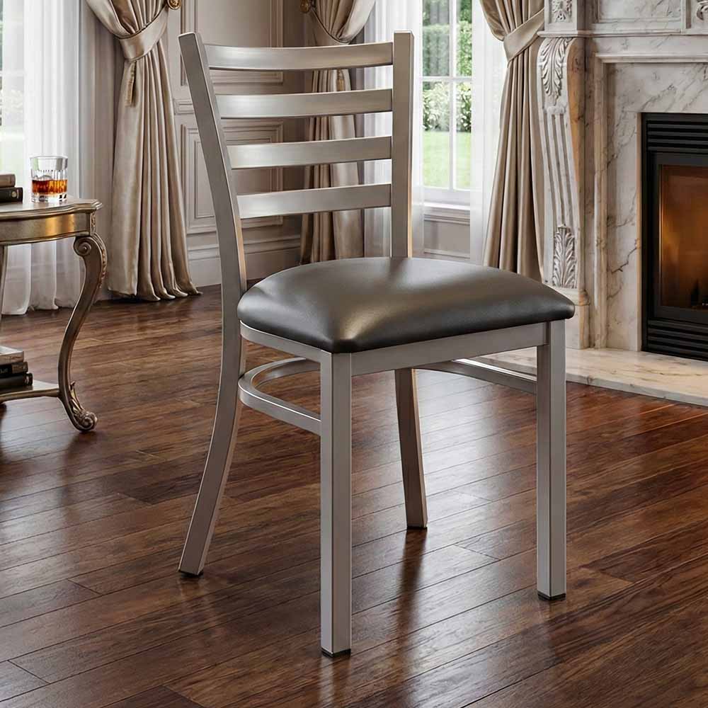 Ladder Back Restaurant Chair with Silver Frame and Dark Gray Vinyl Seat
