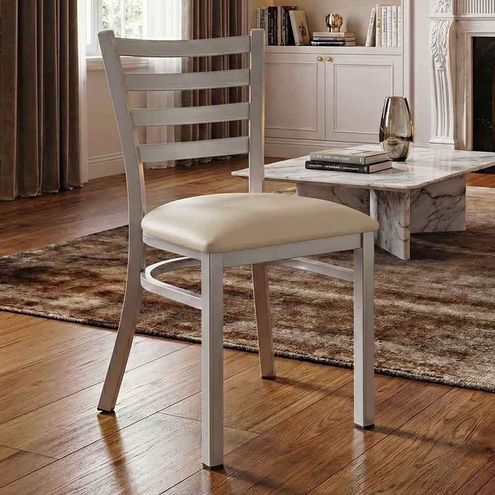 Ladder Back Restaurant Chair with Silver Frame and Light Gray Vinyl Seat