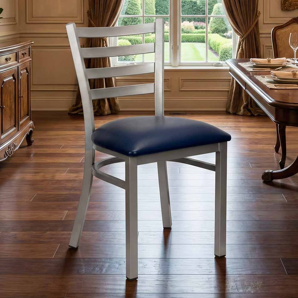 Ladder Back Restaurant Chair with Silver Frame and Navy Blue Vinyl Seat