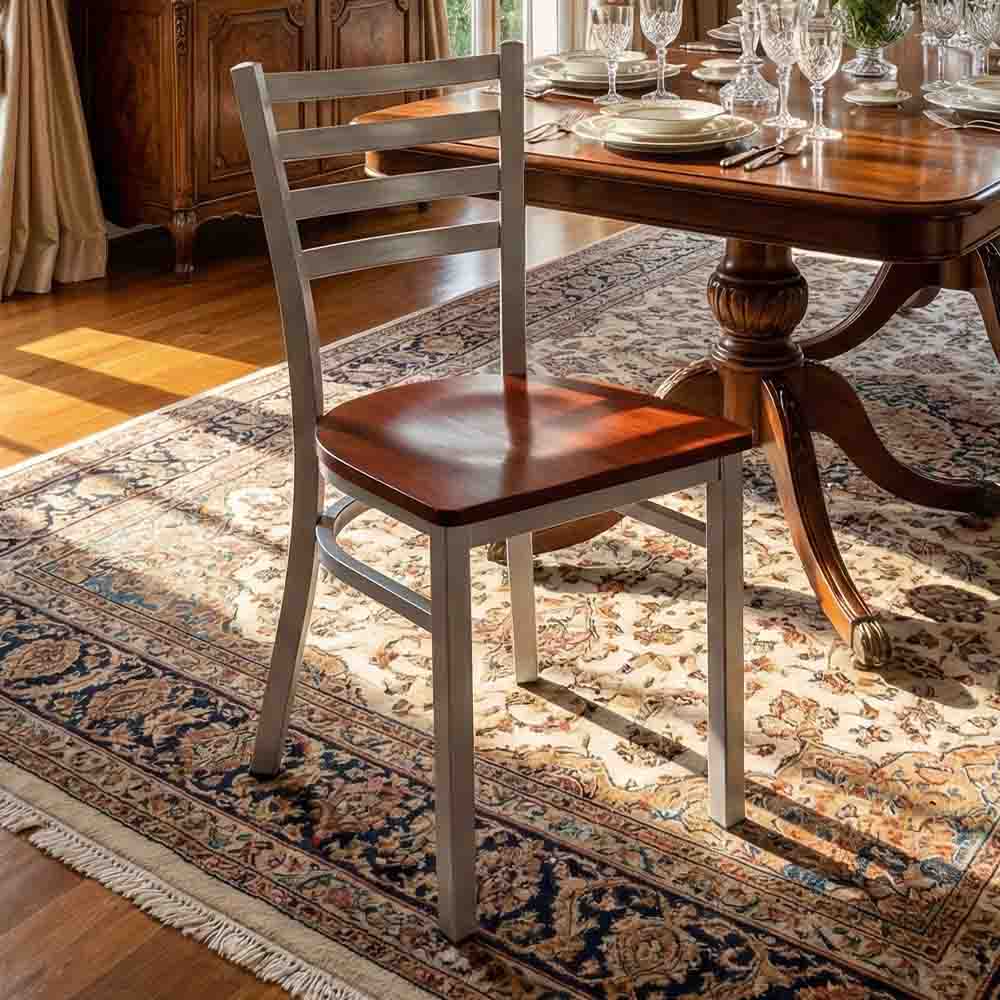 Ladder Back Restaurant Chair with Silver Frame and Mahogany Wood Seat