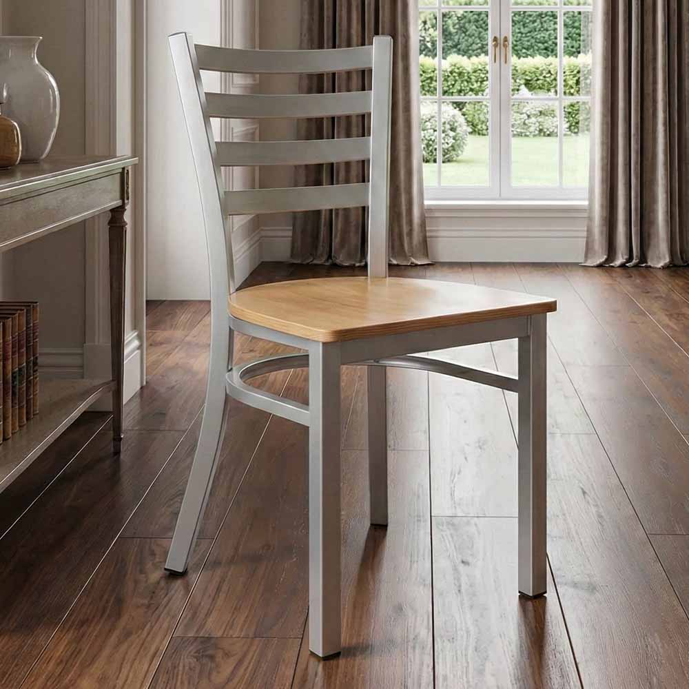 Ladder Back Restaurant Chair with Silver Frame and Natural Wood Seat