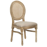 Antique Distressed Wood Louis Pop Chair Rattan Back and Beige Tweed Fabric Seat
