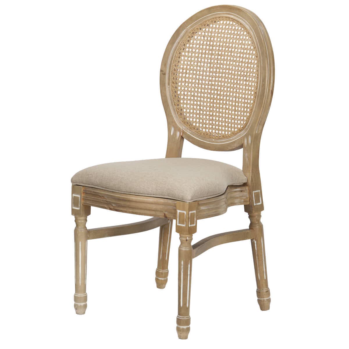 Chivari Antique Distressed Wood Louis Pop Chair Rattan Back and Beige Tweed Fabric Seat CLPWANTIQ-FR-ZG-T