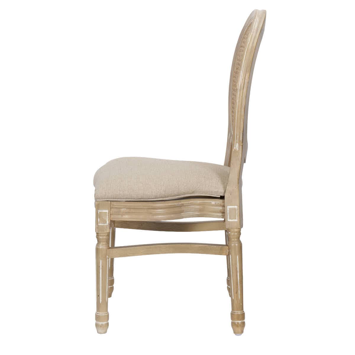 Chivari Antique Distressed Wood Louis Pop Chair Rattan Back and Beige Tweed Fabric Seat CLPWANTIQ-FR-ZG-T