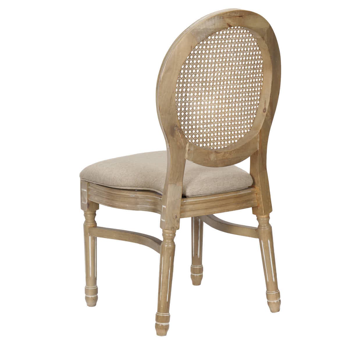 Chivari Antique Distressed Wood Louis Pop Chair Rattan Back and Beige Tweed Fabric Seat CLPWANTIQ-FR-ZG-T