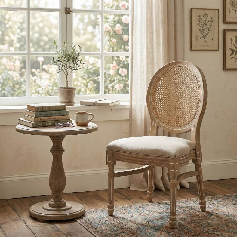 Chivari Antique Distressed Wood Louis Pop Chair Rattan Back and Beige Tweed Fabric Seat CLPWANTIQ-FR-ZG-T