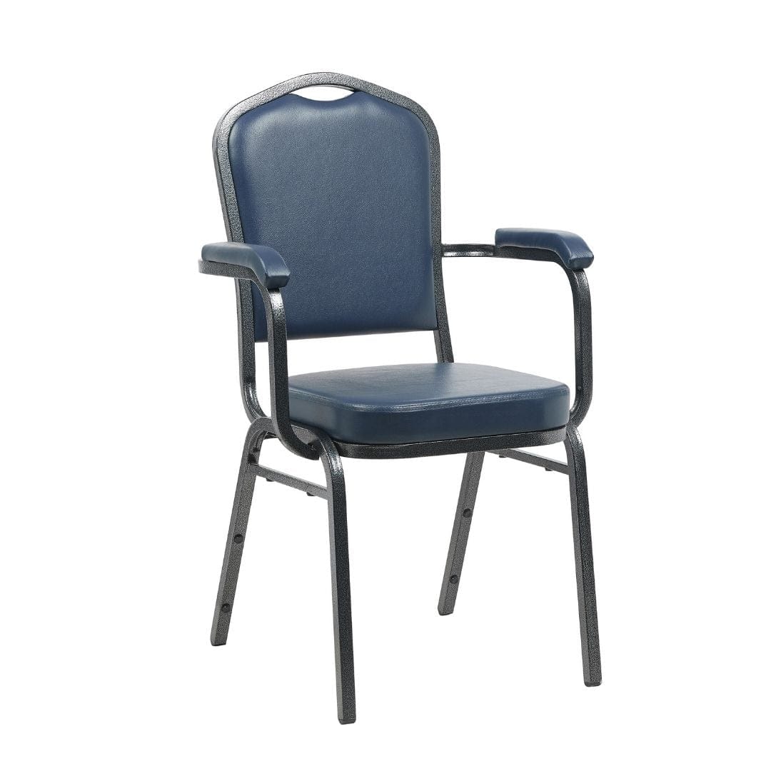 Chivari Navy Blue Vinyl Silver Vein Steel Frame Crown Back Banquet Chair with Arms CQCAVBLU-ZF-T