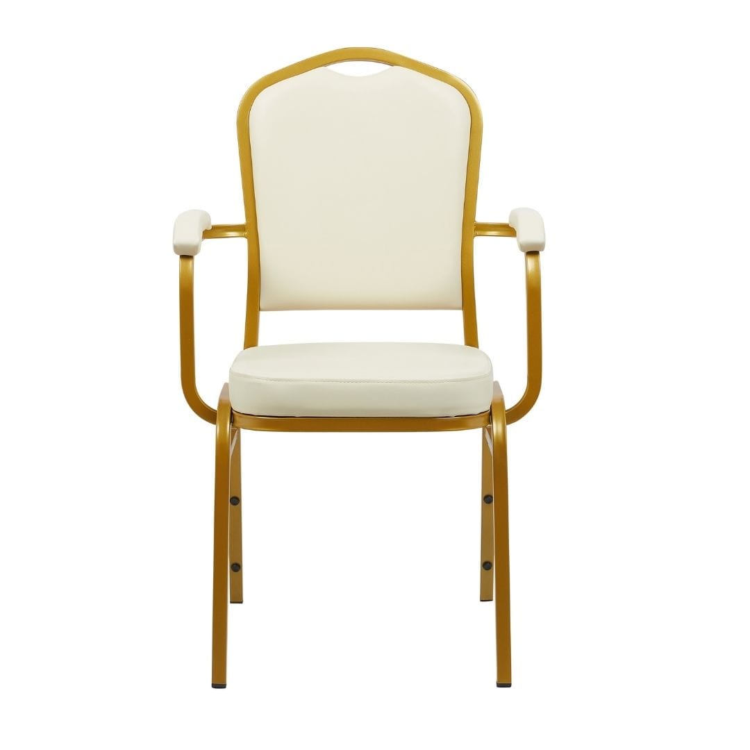Chivari Ivory Vinyl Gold Frame Crown Back Banquet Chair with Arms CQCAVI-ZF-T