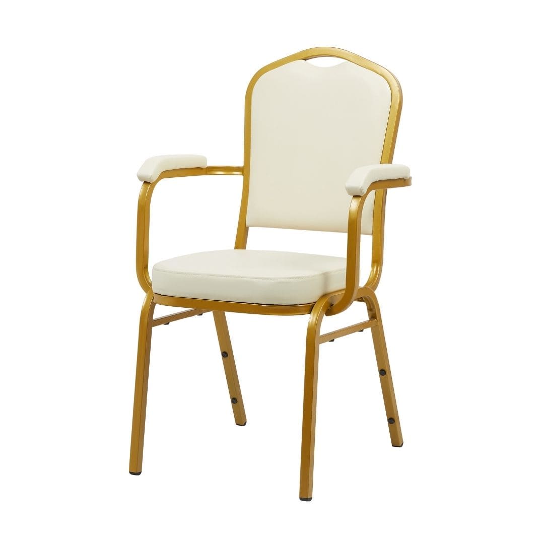Chivari Ivory Vinyl Gold Frame Crown Back Banquet Chair with Arms CQCAVI-ZF-T