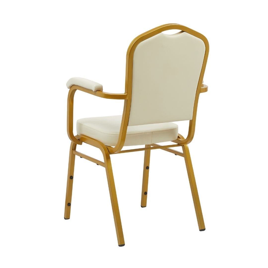 Chivari Ivory Vinyl Gold Frame Crown Back Banquet Chair with Arms CQCAVI-ZF-T